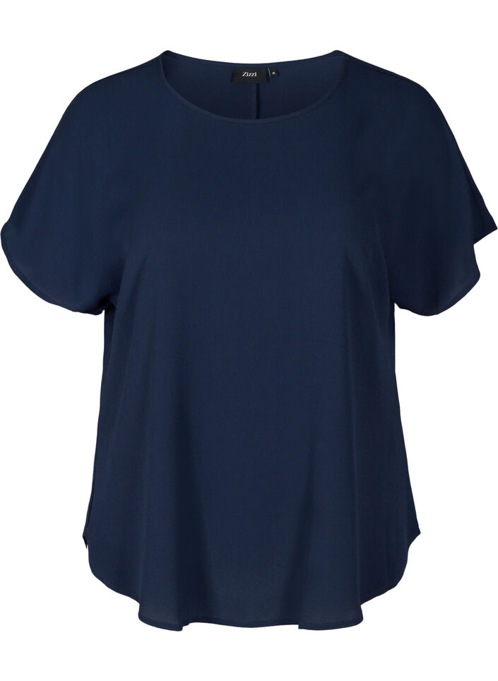 Blouse met korte mouwen en een ronde halslijn, Blauw, Packshot image number 0