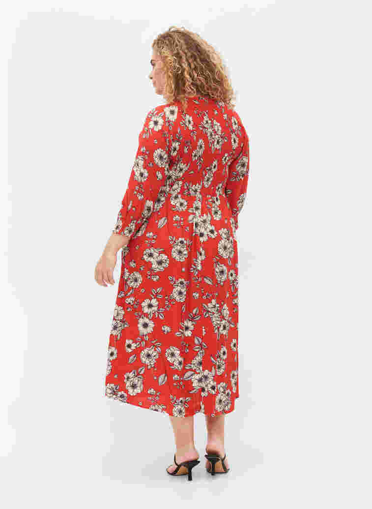 Gebloemde viscose midi-jurk met smok, Fiery Red Flower AOP, Model image number 0