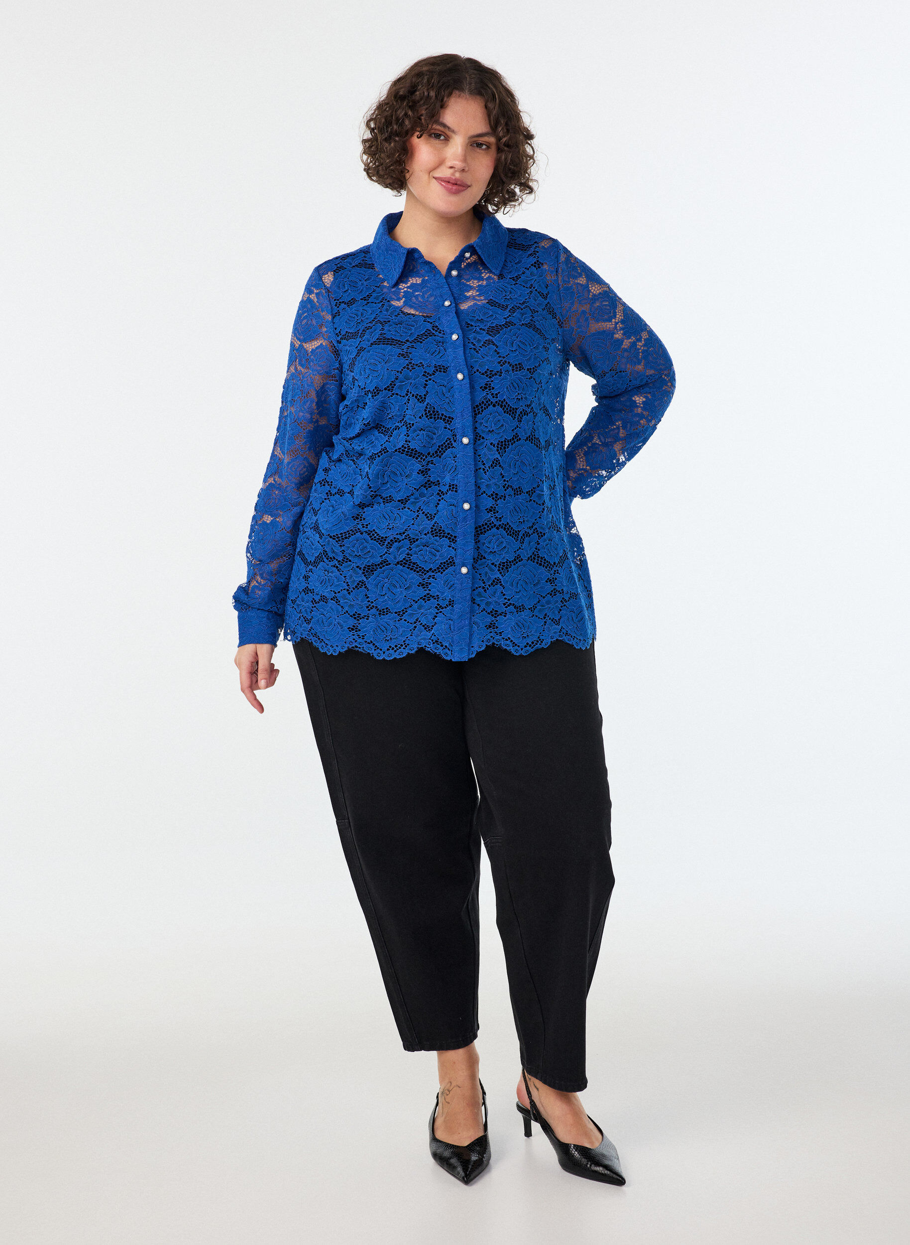 ZizziKanten shirt met parelknopen, Blauw, Model image number 1