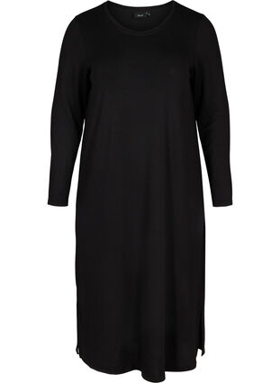Effen kleurige jurk met lange mouwen en splitten, Black, Packshot image number 0