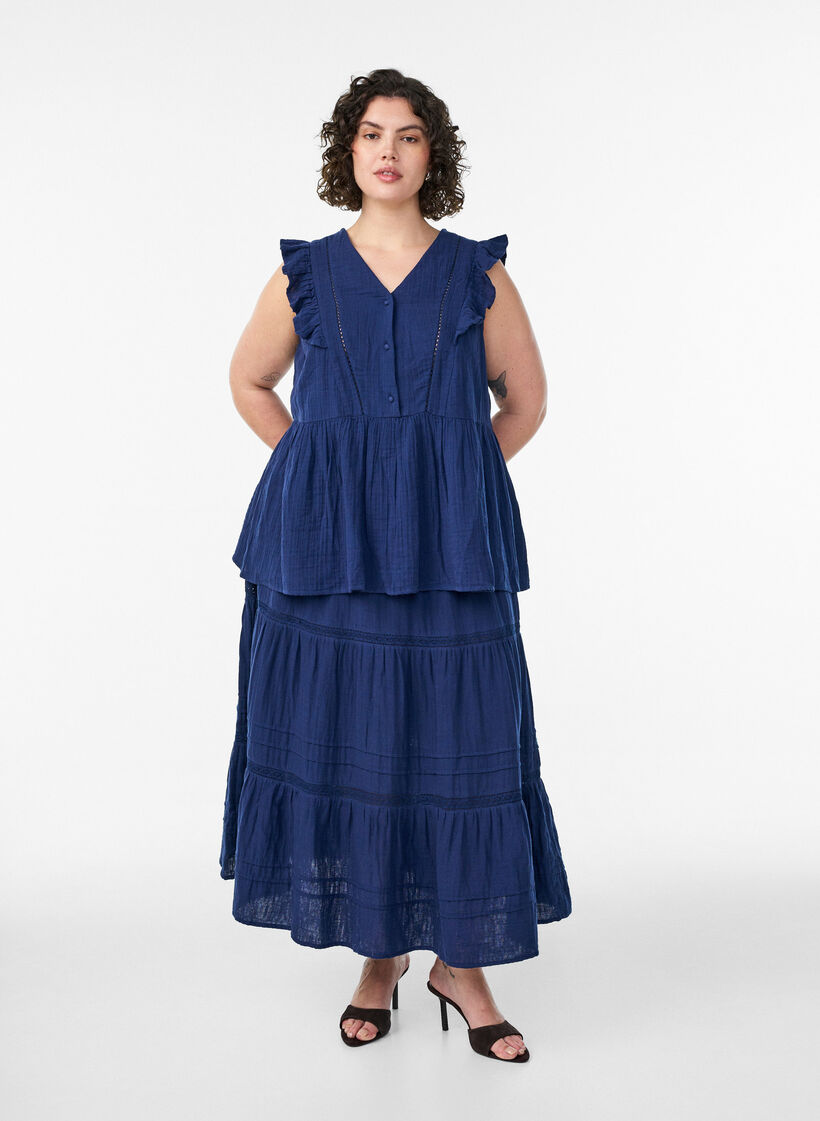 Mouwloze blouse van katoen mousseline met ruches, Blauw, Model image number 1