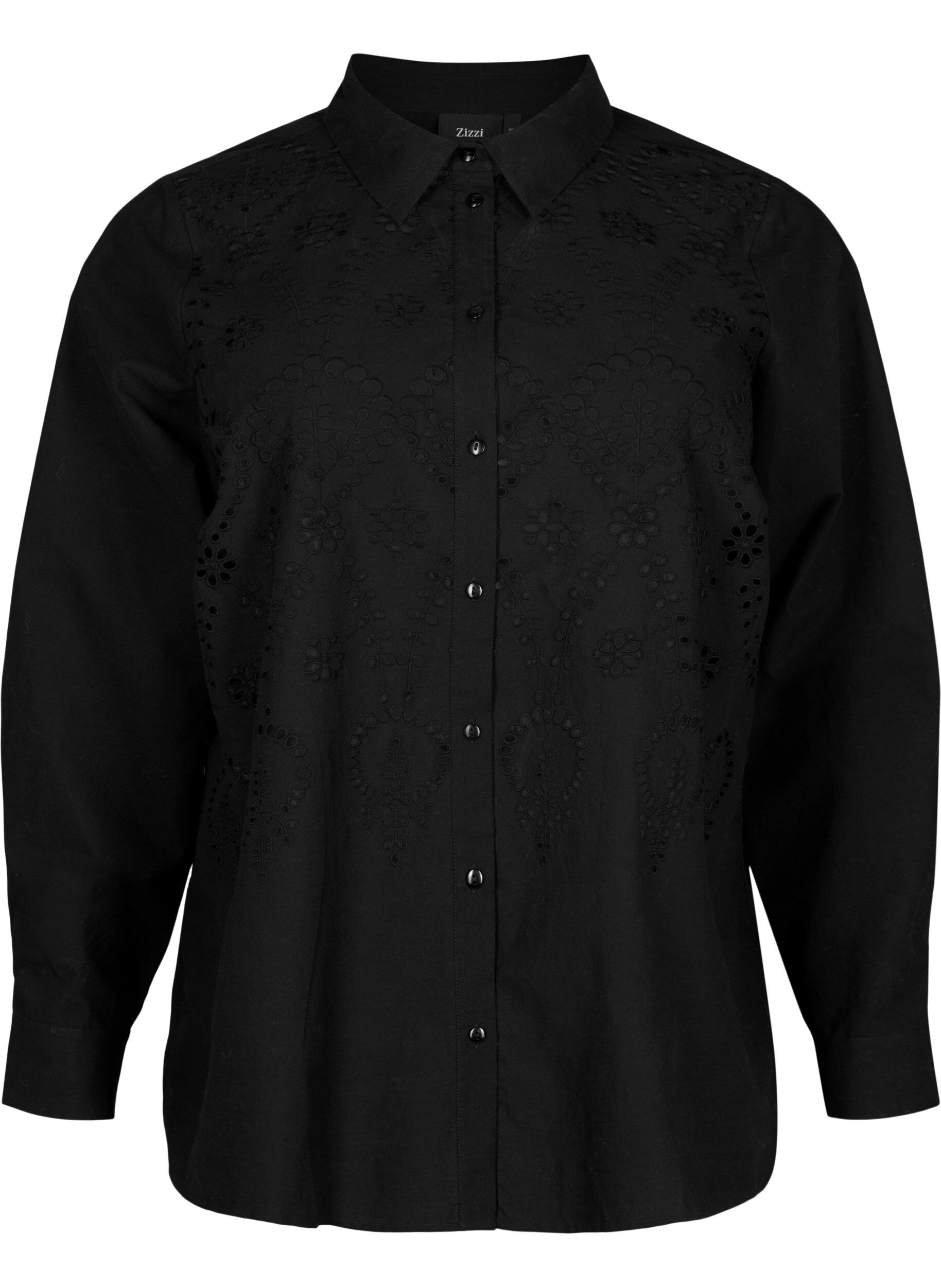Zizzi Katoenen overhemd met broderie anglaise, Black, Packshot image number 0
