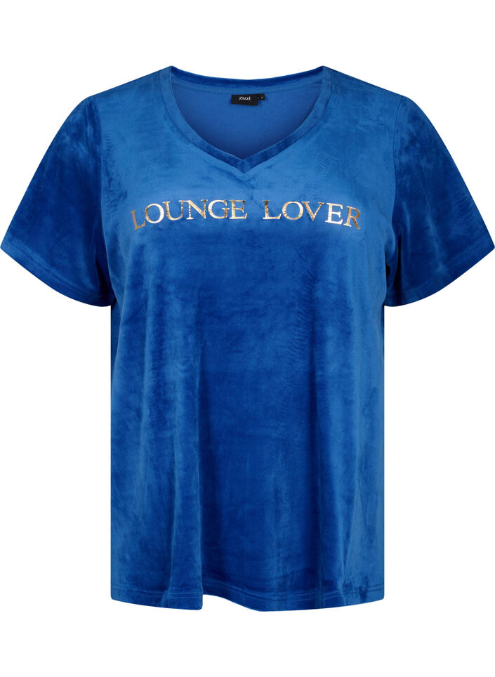 Velours T-shirt met v-hals, Monaco Blue, Packshot image number 0