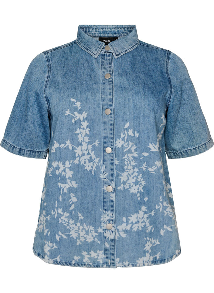 Denimshirt met bloemenprint en korte mouwen, Blauw, Packshot image number 0