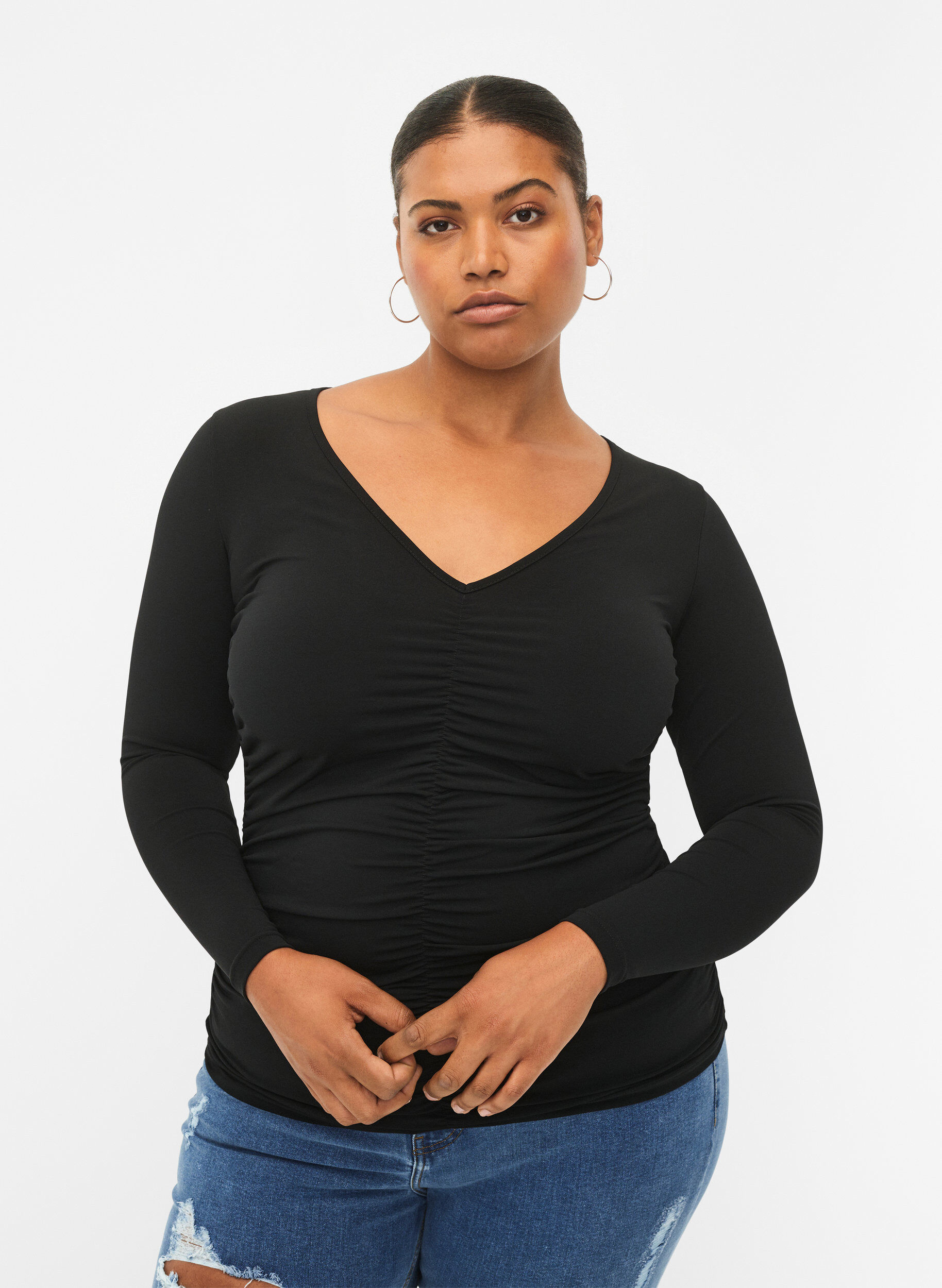 Zizzi Blouse met v-hals en drapering, Black, Model image number 0