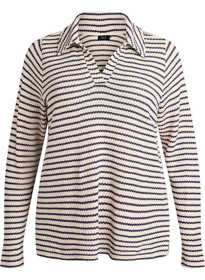 Gestreepte jersey blouse met een kraag en V-hals, Beige, Packshot image number 0