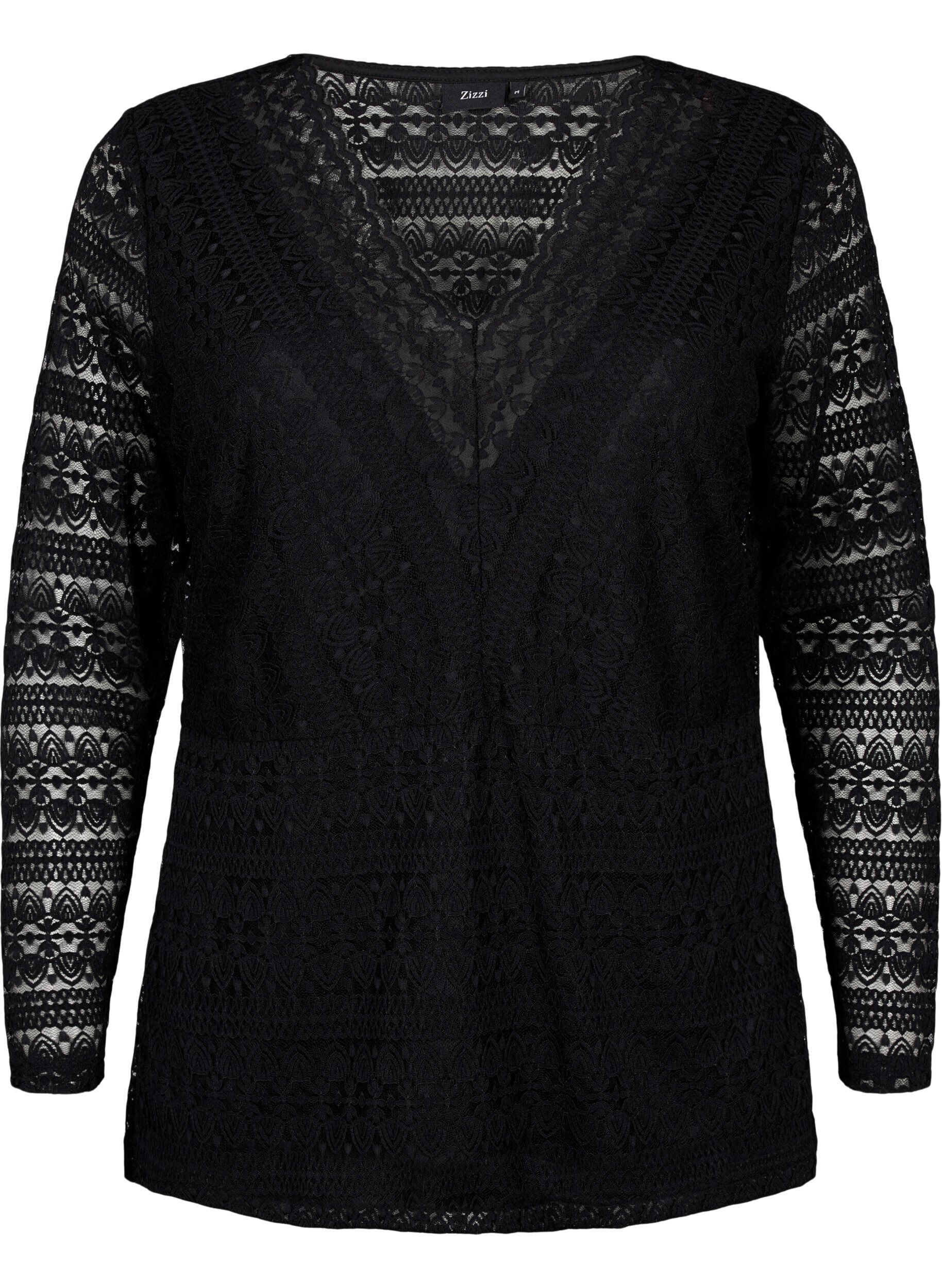 Zizzi V-hals kanten blouse met voering, Black, Packshot image number 0