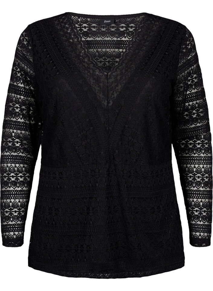 V-hals kanten blouse met voering, Black, Packshot image number 0