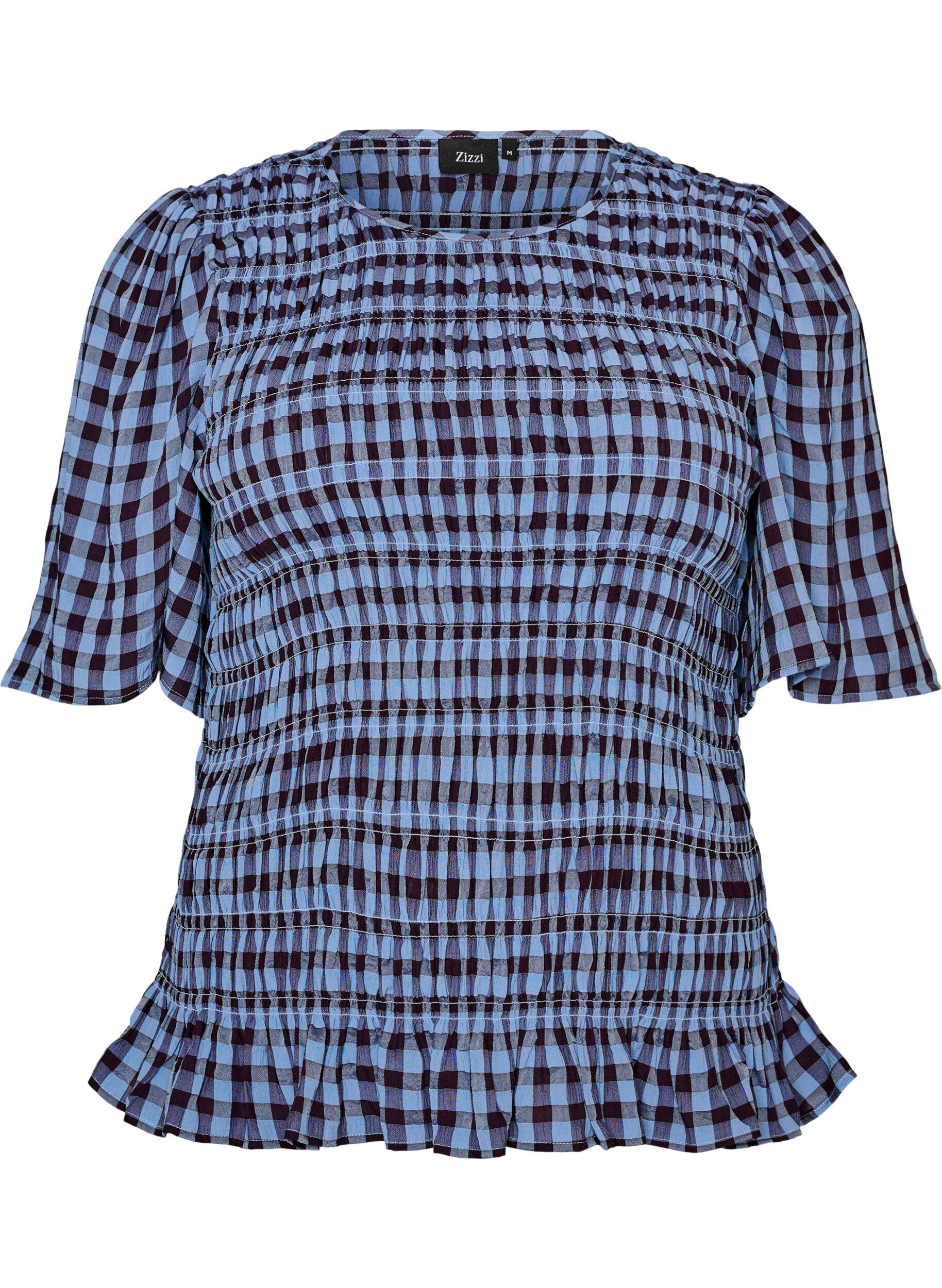 ZizziSmockblouse met ginghamruit en rucherand, Blauw, Packshot image number 0
