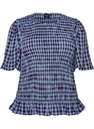 Smockblouse met ginghamruit en rucherand, Blauw