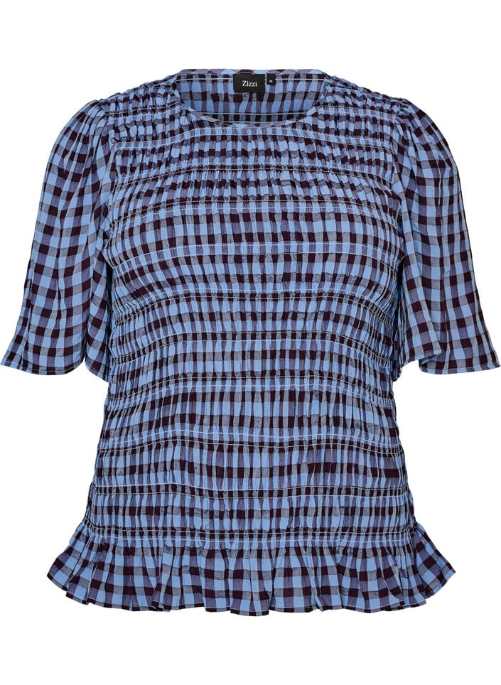 Smockblouse met ginghamruit en rucherand, Blauw, Packshot image number 0