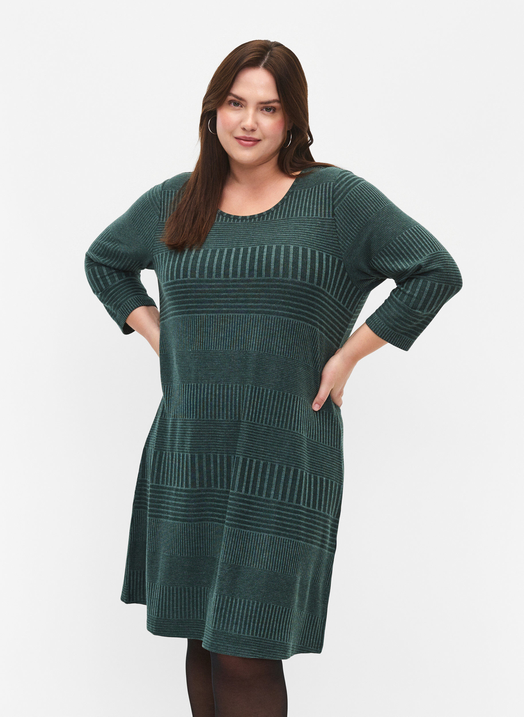 Zizzi Jurk met 3/4 mouwen en strepen, Scarab Melange, Model image number 0