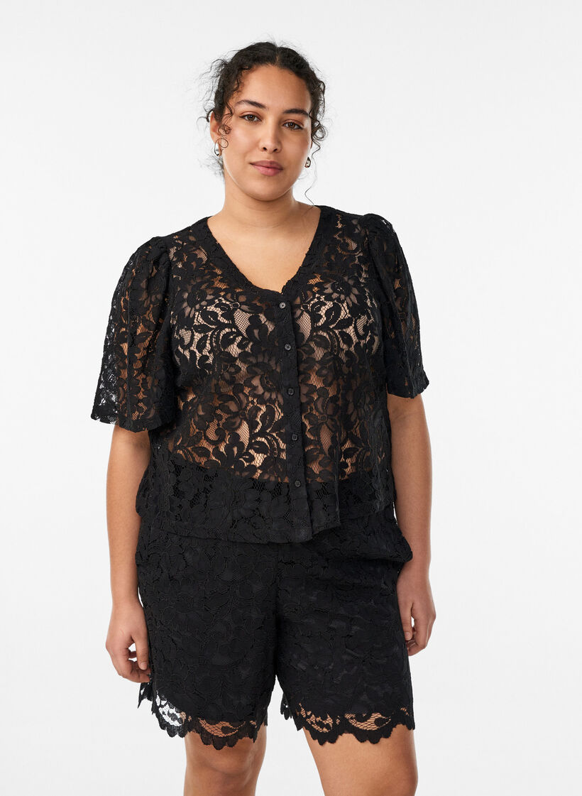 Kanten shorts met hoge taille en zakken, Zwart, Model image number 0
