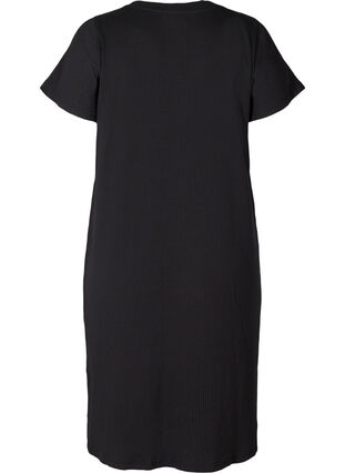 Geribbelde jurk met korte mouwen en split, Black, Packshot image number 1