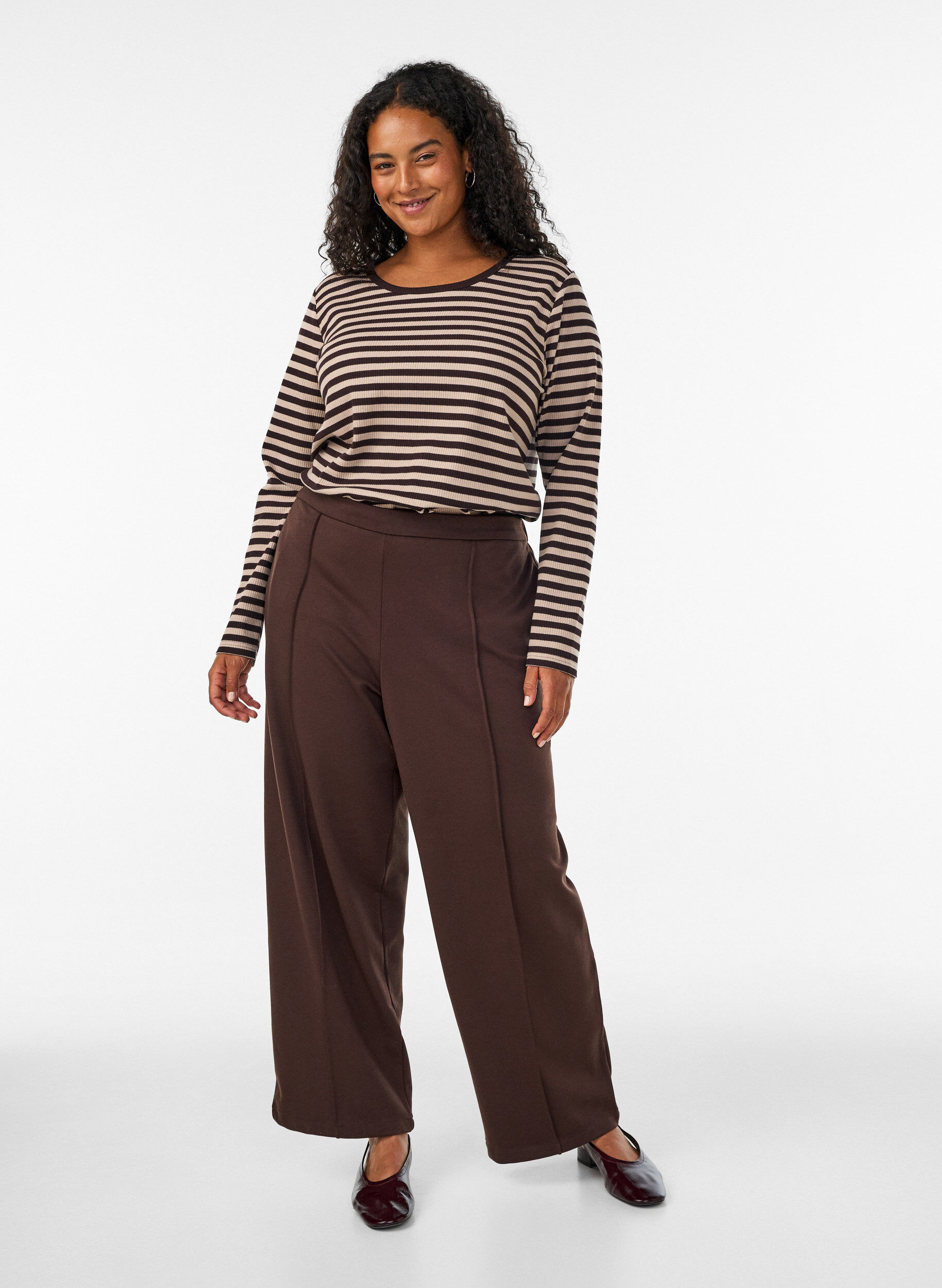 ZizziGestreepte blouse met lange mouwen, Bruin, Model image number 1