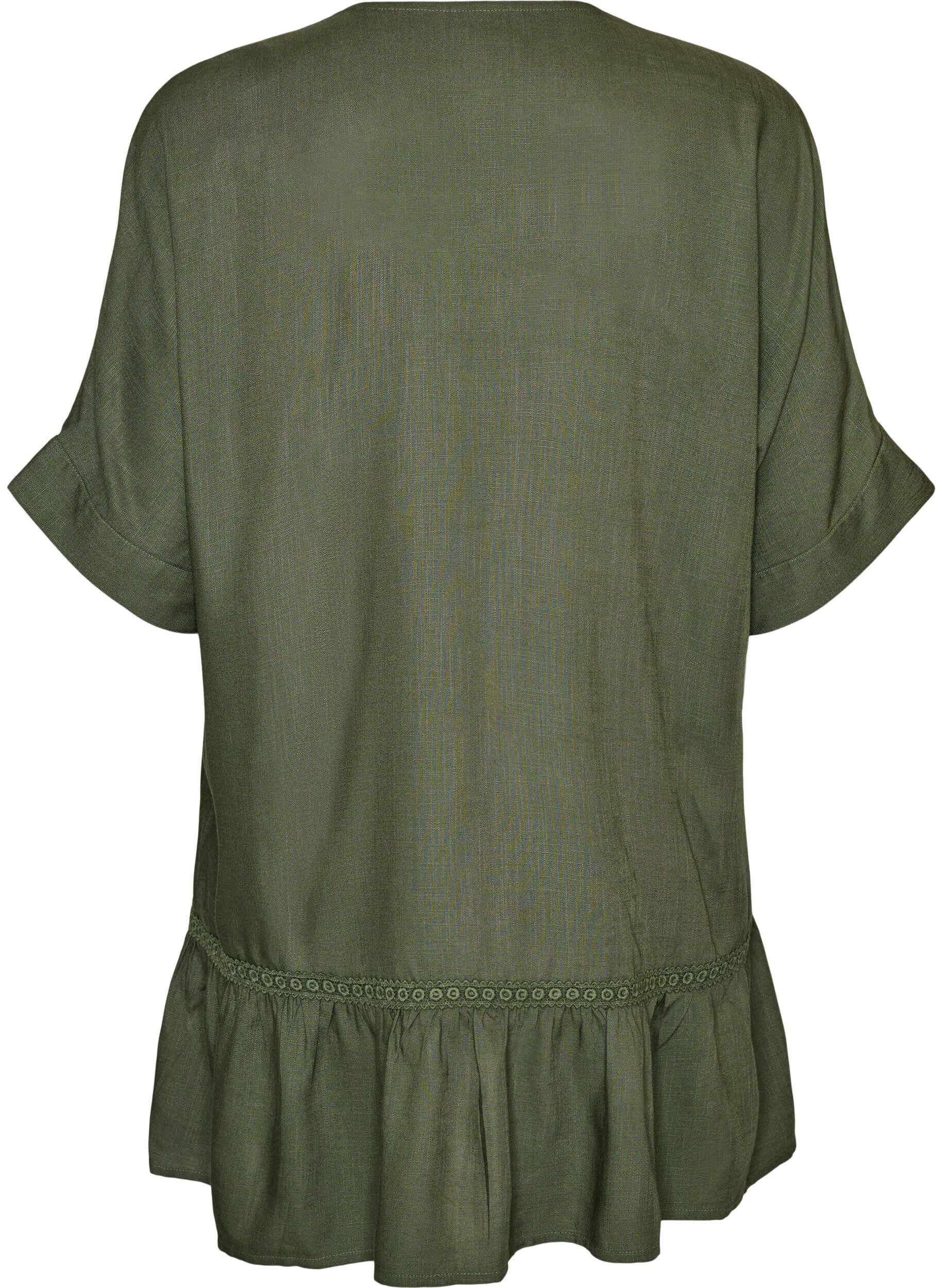 ZizziViscose tuniek met knopen en rucherand, Groen, Packshot image number 1