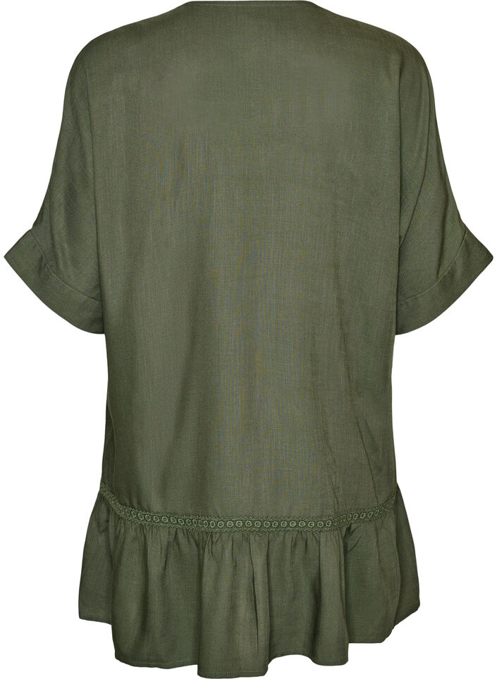 Viscose tuniek met knopen en rucherand, Groen, Packshot image number 1