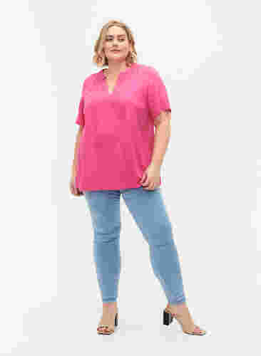 Viscose blouse met korte mouwen en v-hals, Shocking Pink, Model image number 2