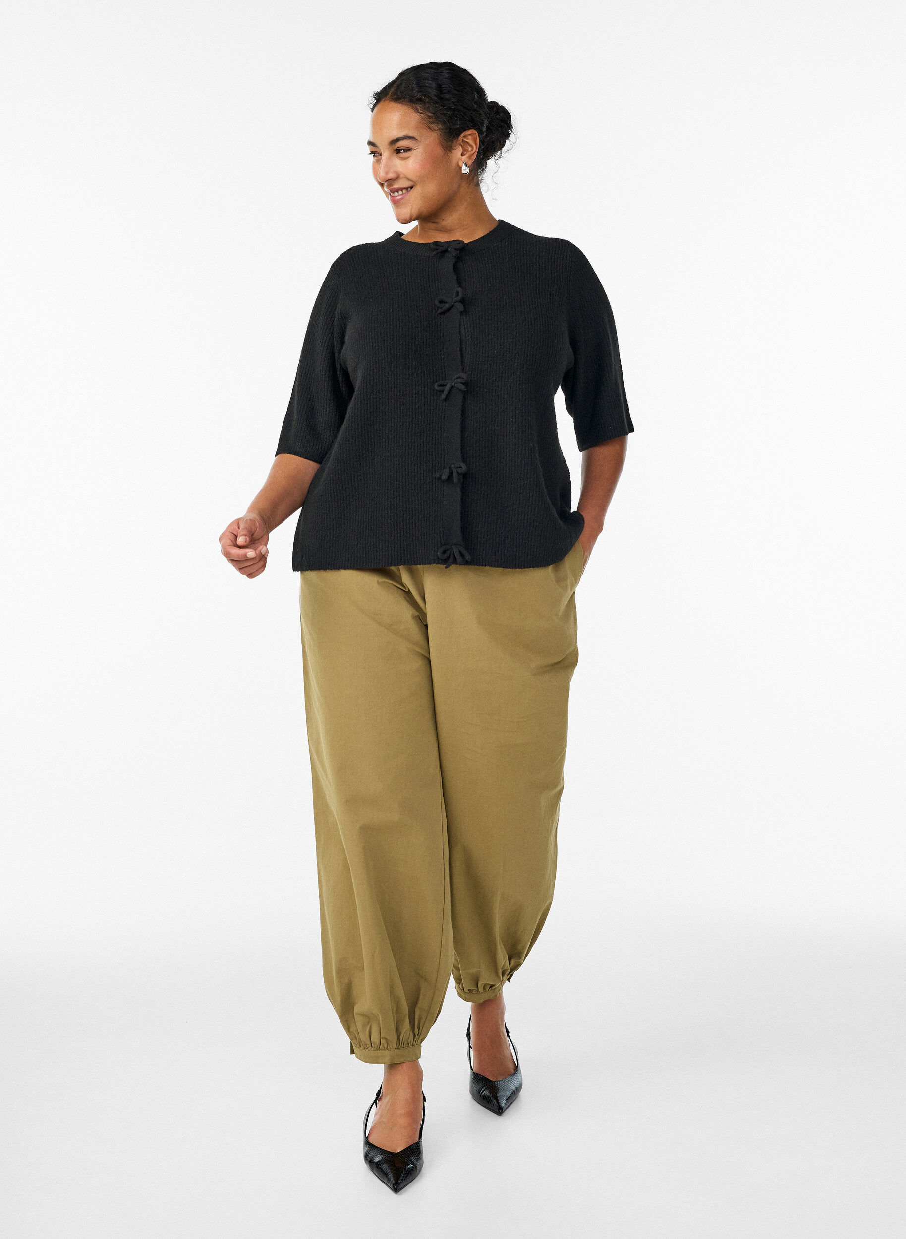 Katoenen balloonbroek met hoge taille, Bruin, Model