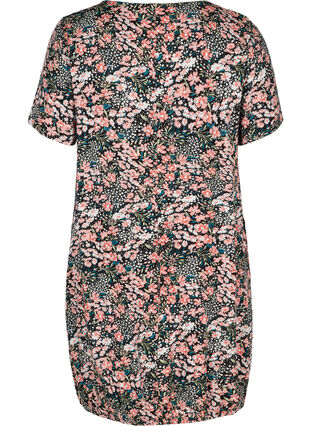 Viscose jurk met print en korte mouwen , Black/Coral Flower, Packshot image number 1