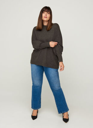 Gebreide blouse met ballonmouwen, Dark Grey Melange, Model image number 2