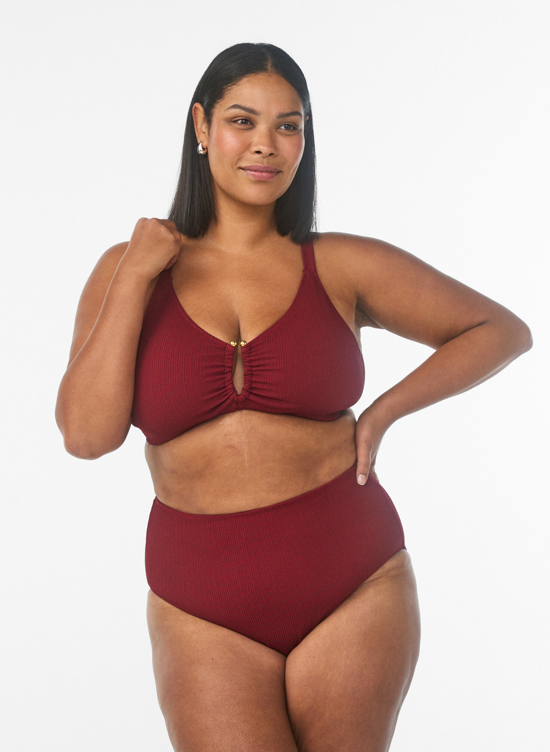 Bikinibroekje met hoge taille en textuur, Rood, Model