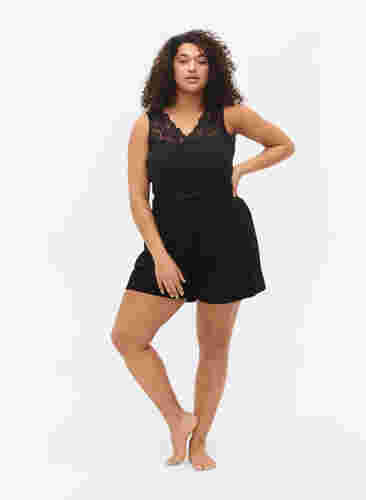 Geribde pyjamatop met kant, Black, Model image number 2