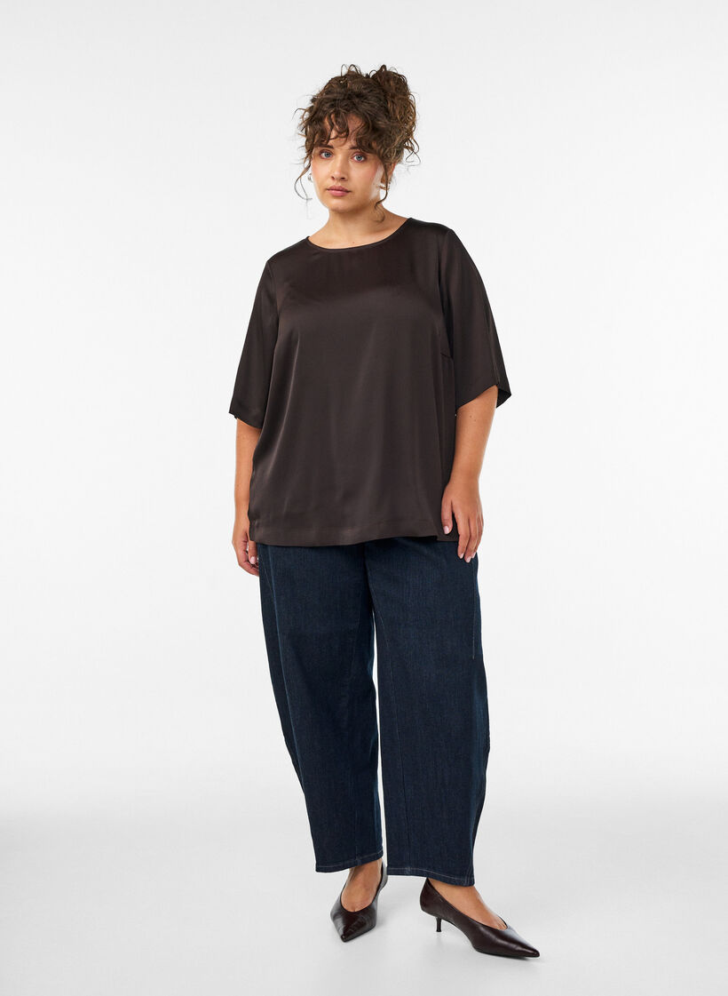 Satijnen blouse met ellebooglange mouwen, Bruin, Model image number 1