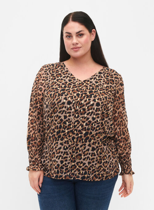 Leo blouse met lange mouwen en v-hals, Leopard AOP, Model