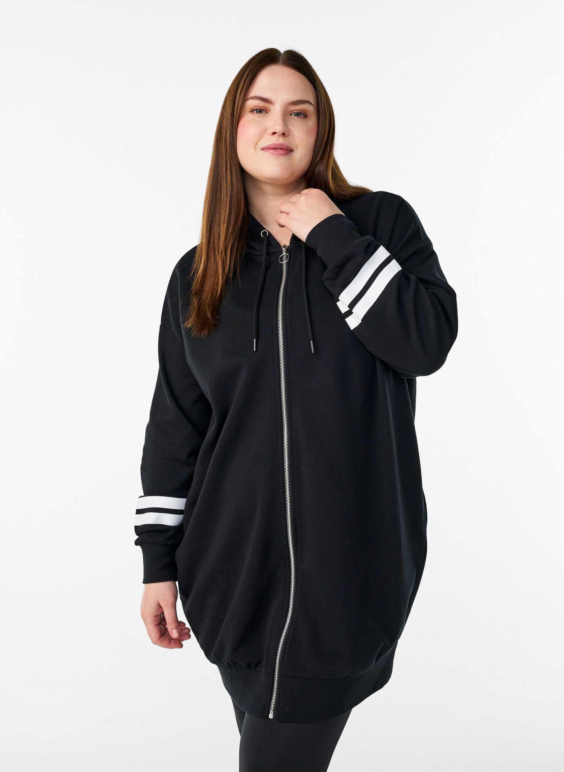 Lange sweatvest met printdetails, Zwart, Model