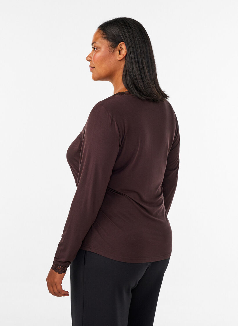 Viscose blouse met kanten afwerking en V-hals, Bruin, Model image number 2