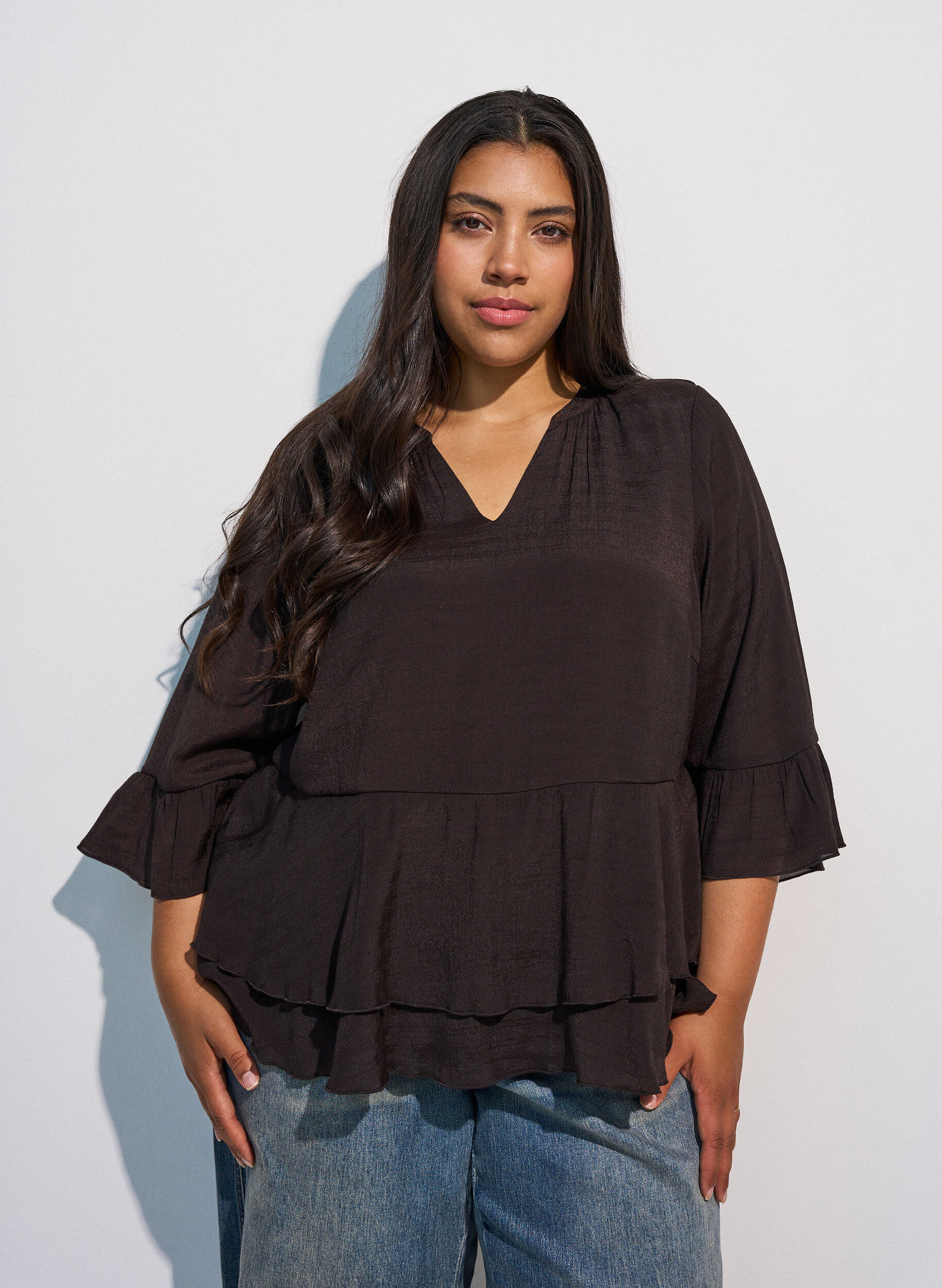 Blouse met 3/4-mouwen en ruchesdetails, Bruin, Model