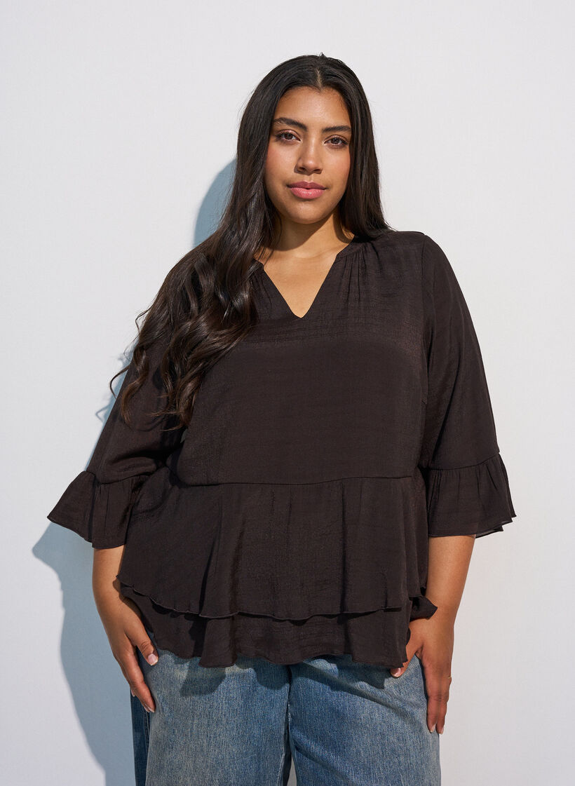Blouse met 3/4-mouwen en ruchesdetails, Bruin, Model image number 0