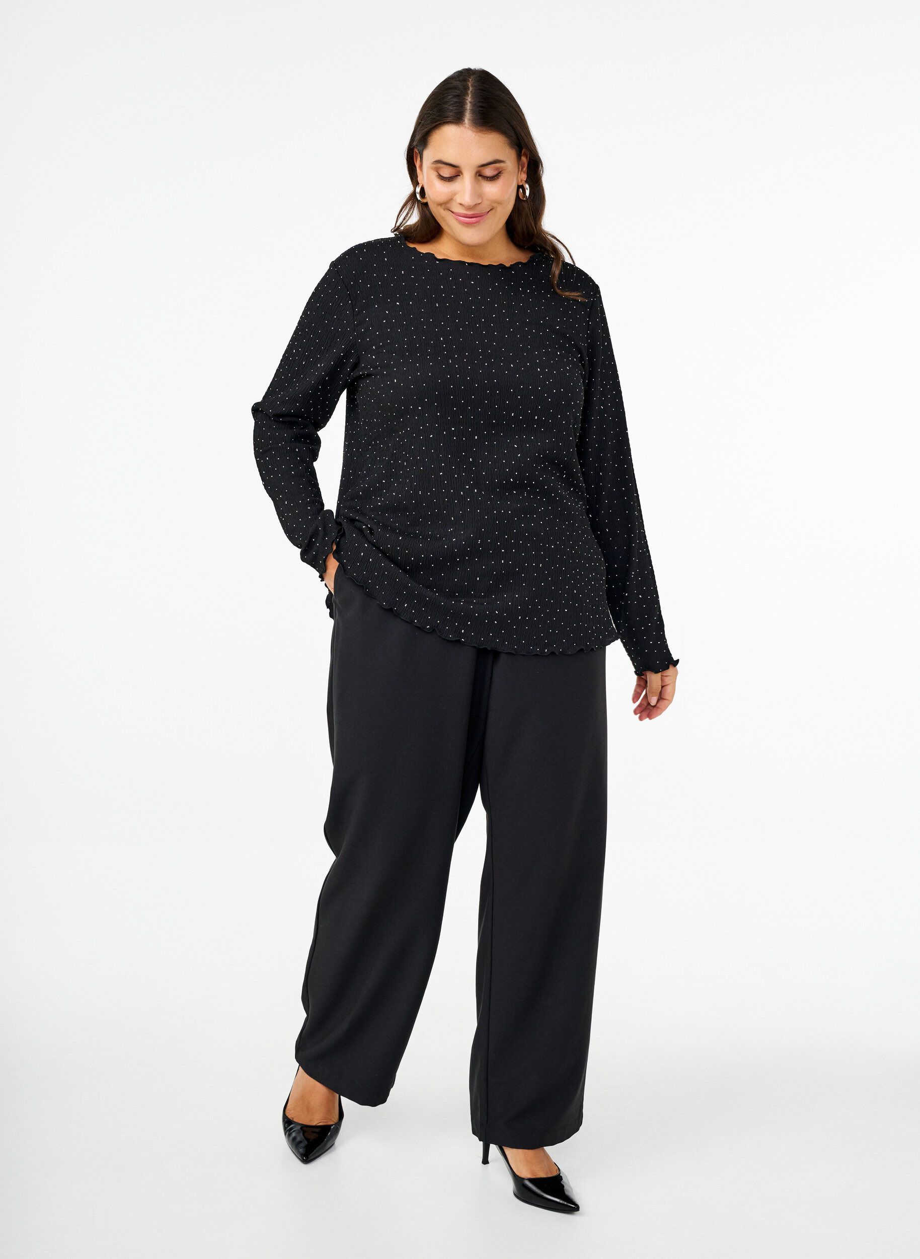 Zizzi Blouse met lange mouwen en strassstenen, Zwart, Model image number 1