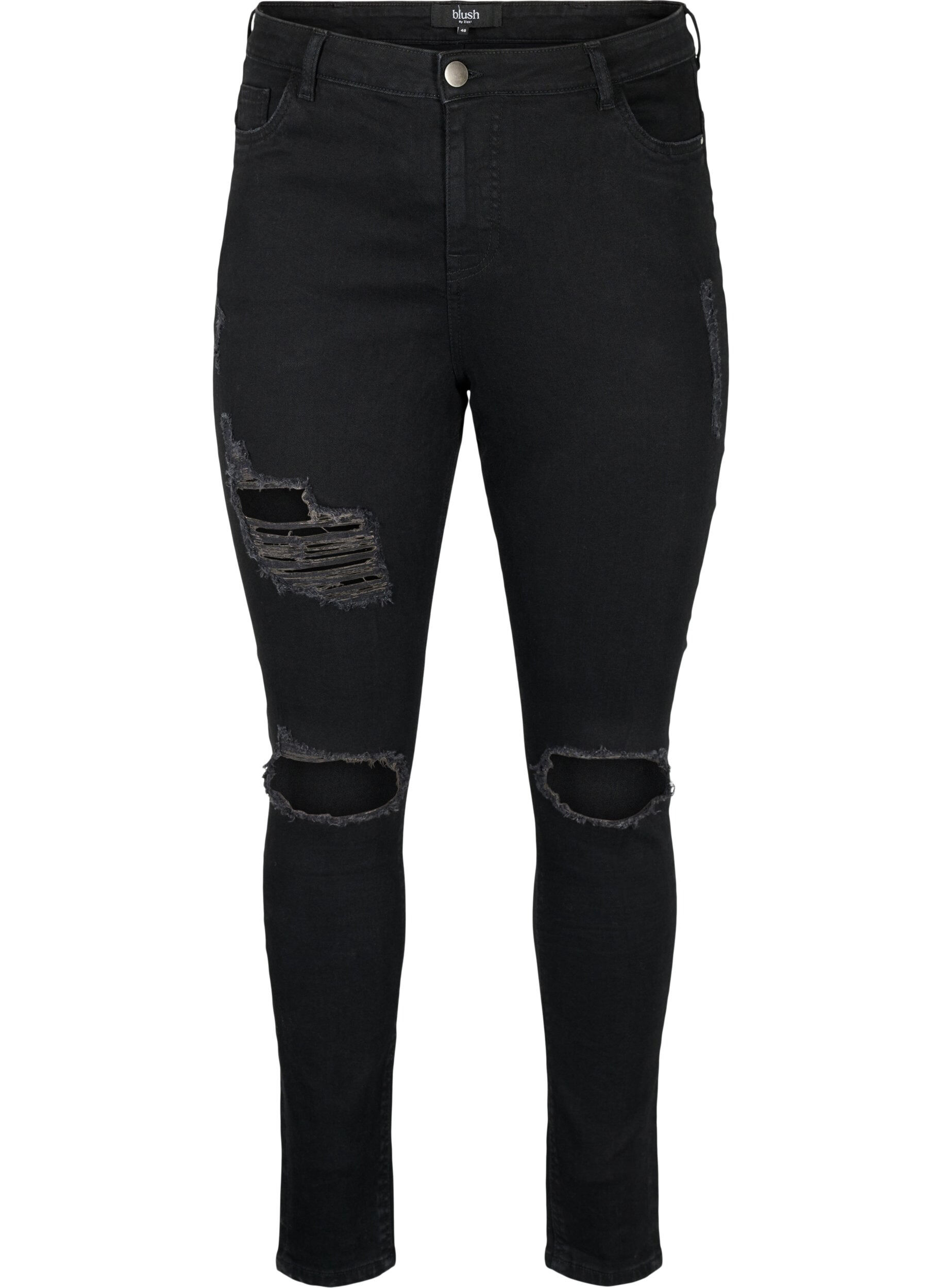 Zizzi Strakke jeans met slijtagedetails, Black, Packshot image number 0