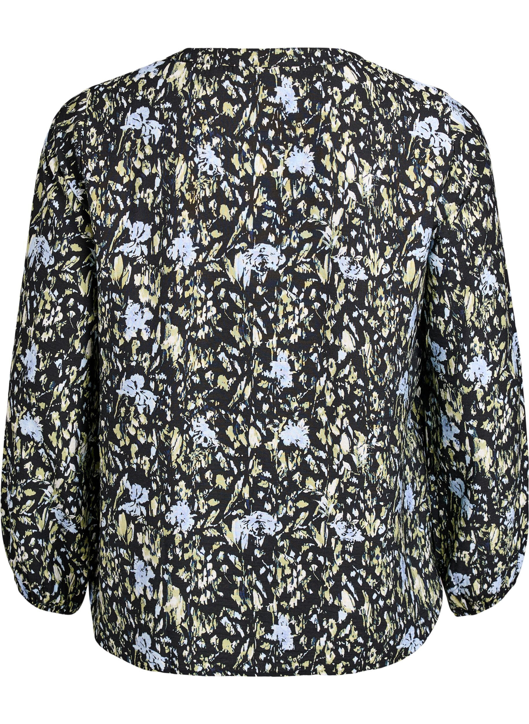 Zizzi Blouse met lange mouwen met patroon en knopen, Zwart, Packshot image number 1