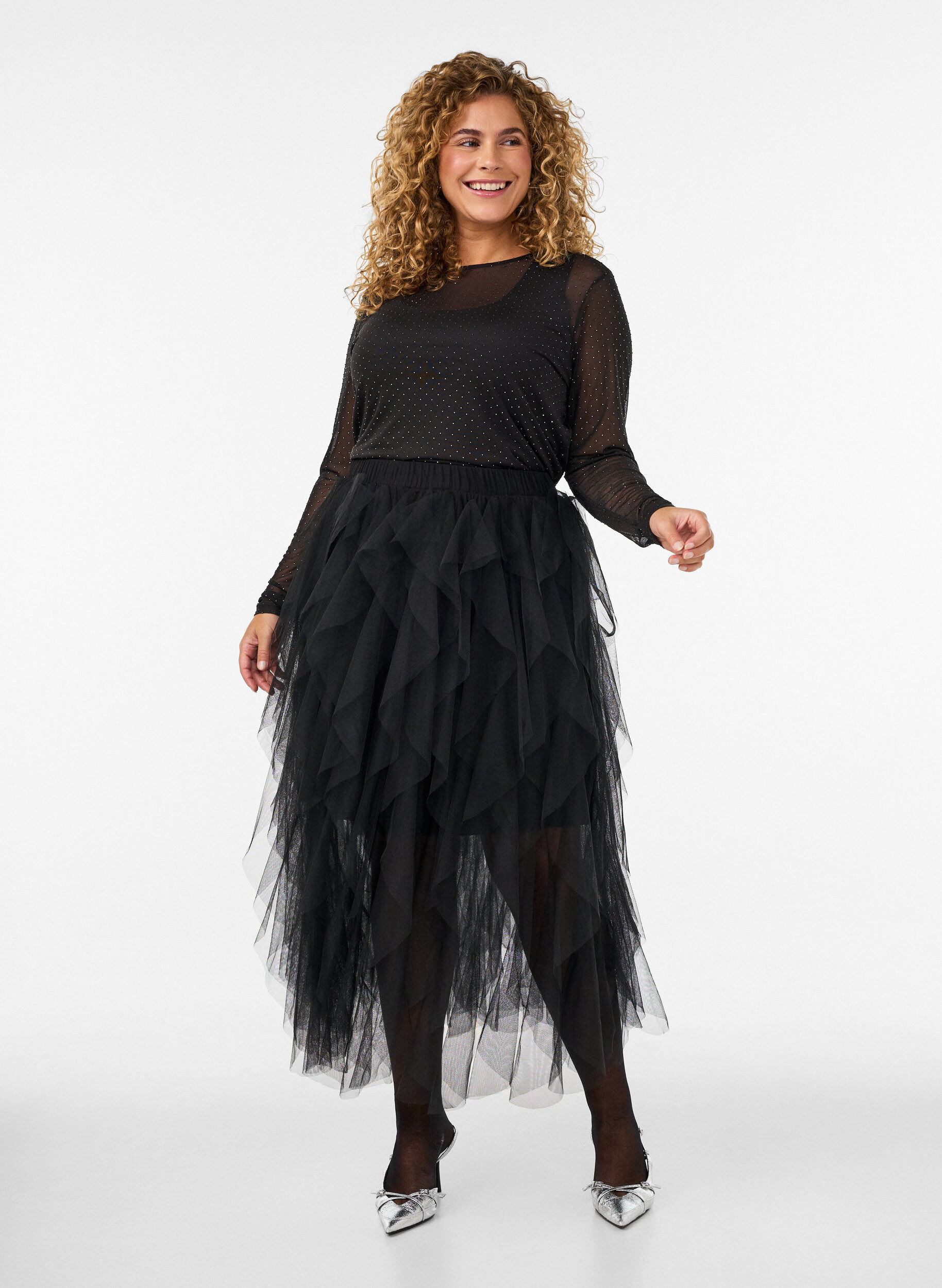 ZizziTransparante mesh blouse met strassteentjes, Zwart, Model image number 1