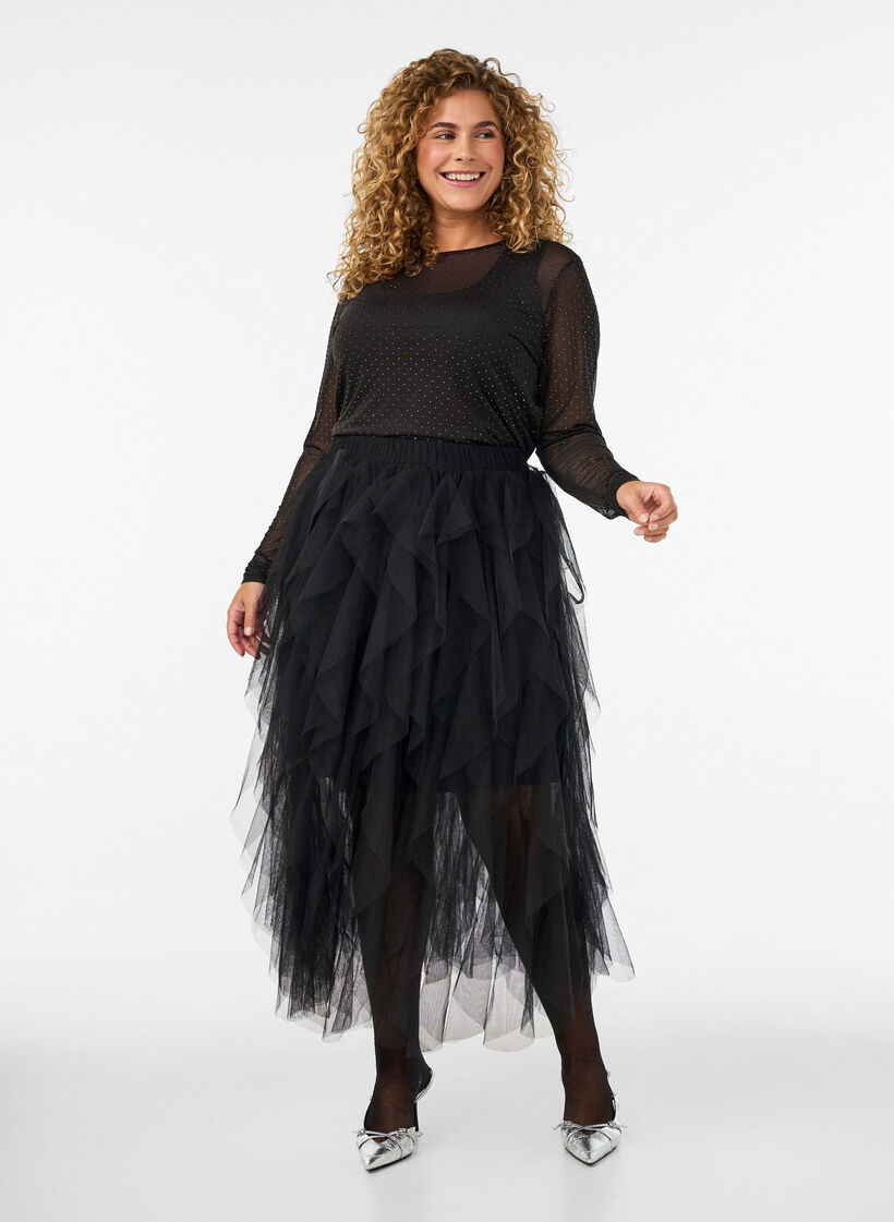 Transparante mesh blouse met strassteentjes, Zwart, Model image number 1