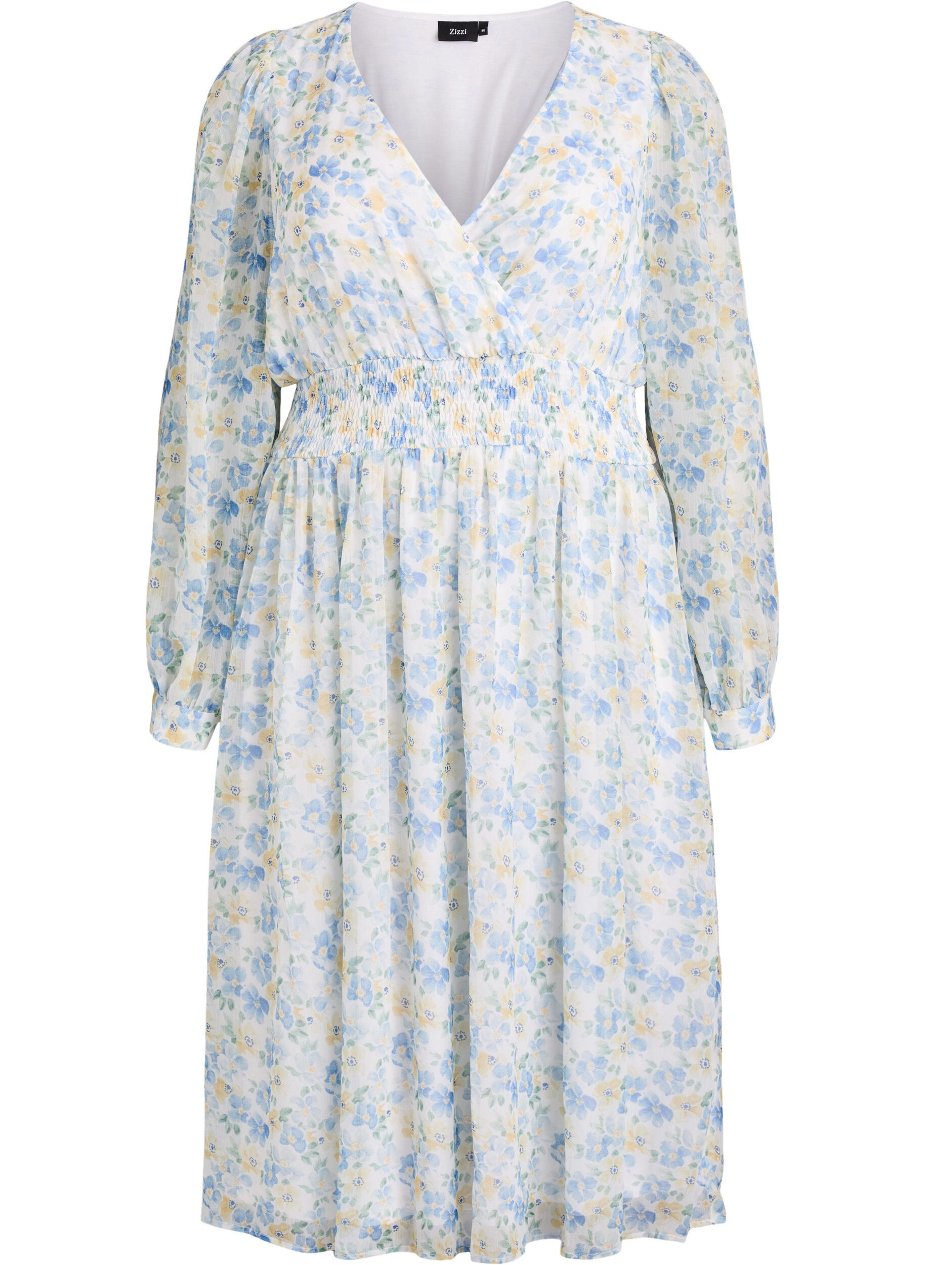Zizzi Midi jurk met bloemen, wikkellook en smock, Blauw, Packshot image number 0