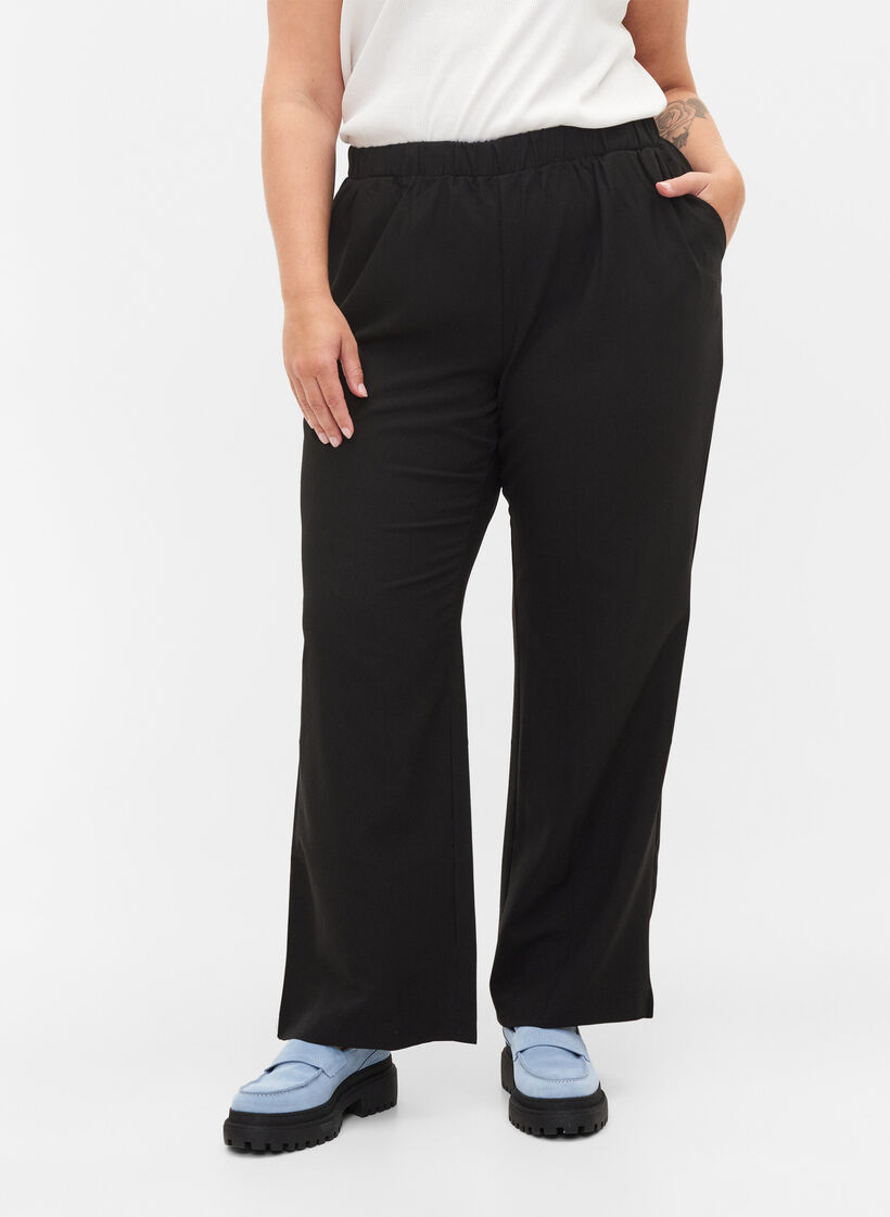 Flared broek met elastiek in de taille, Zwart, Model image number 3