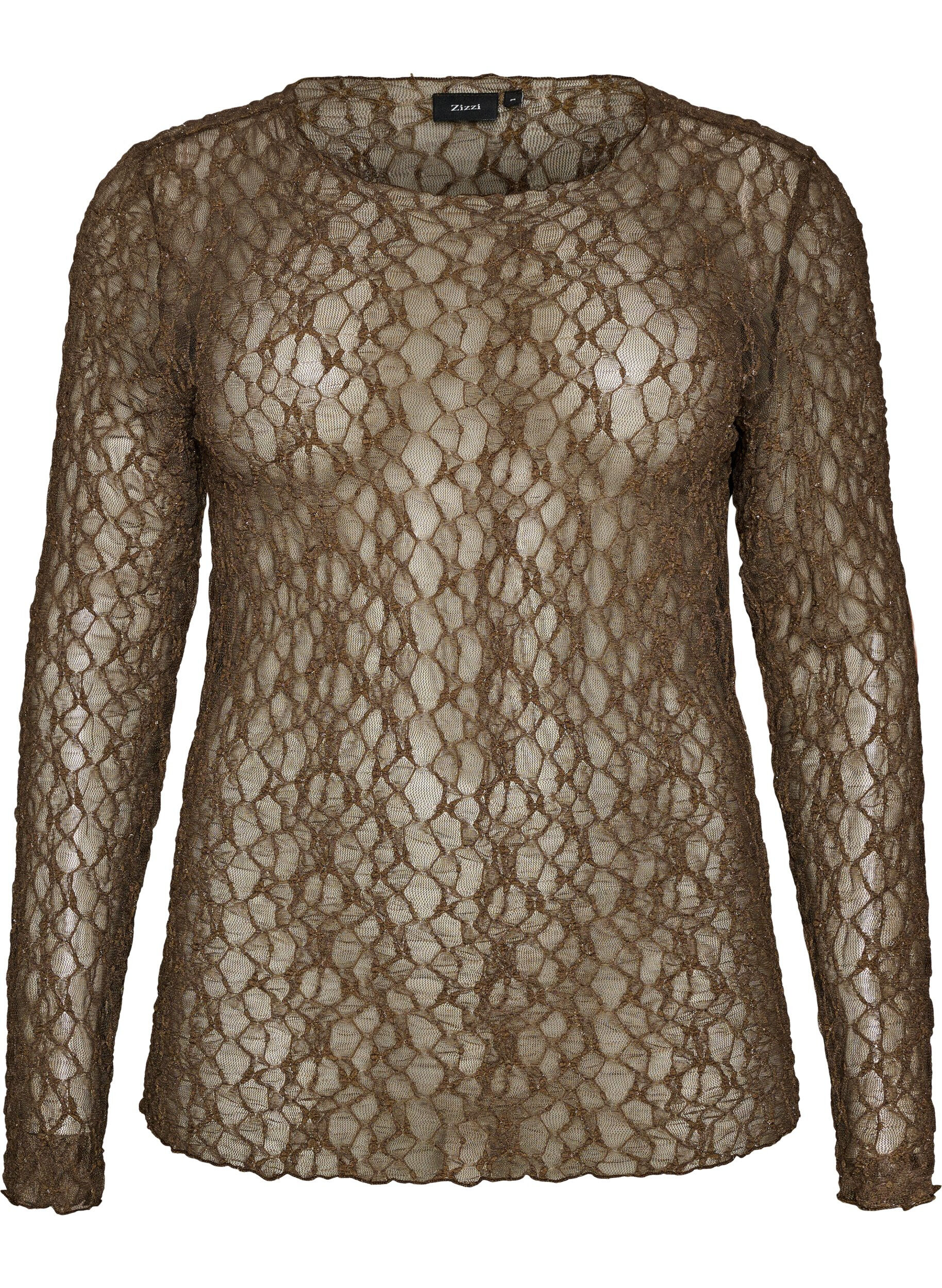 ZizziMesh blouse met patroon en glittergaren, Bruin, Packshot image number 0