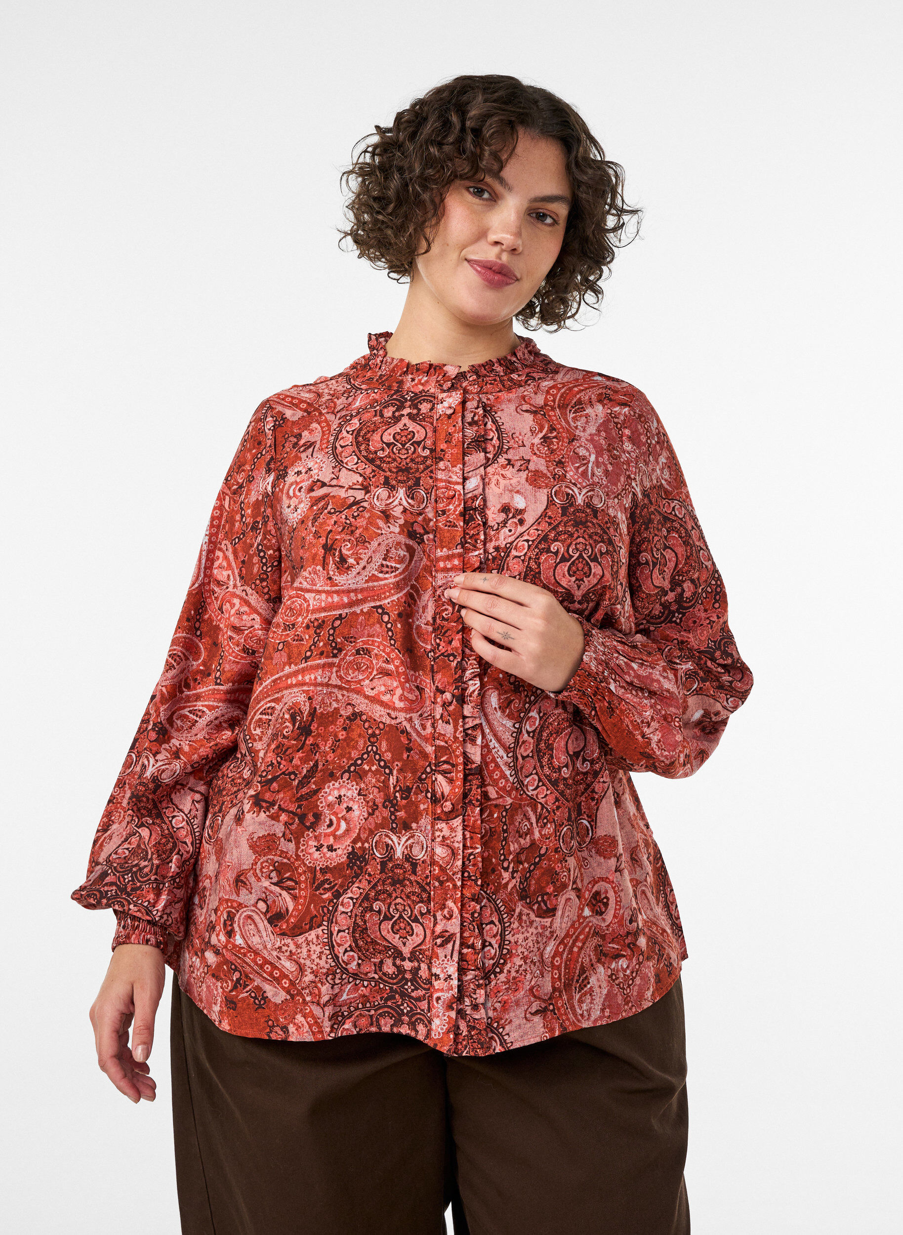 Viscose blouse met paisleyprint en ruches, Oranje, Model