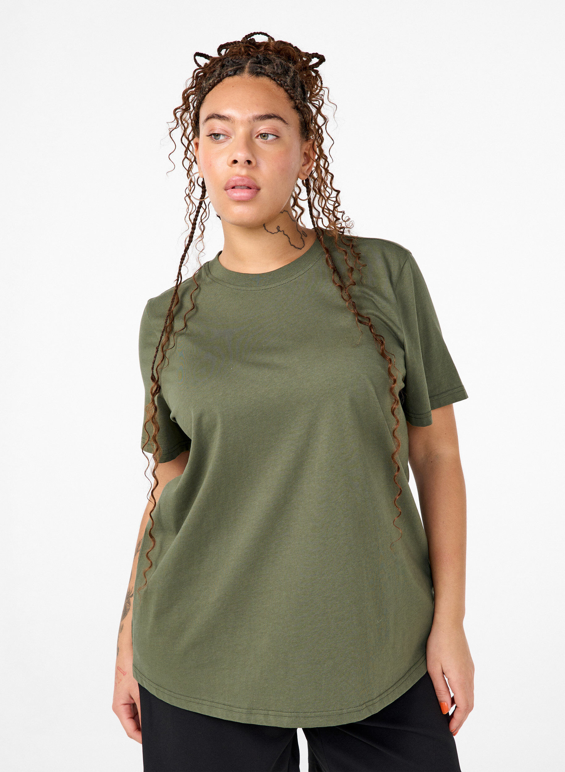 Zizzi Basic katoenen T-shirt met ronde hals, Groen, Model image number 0