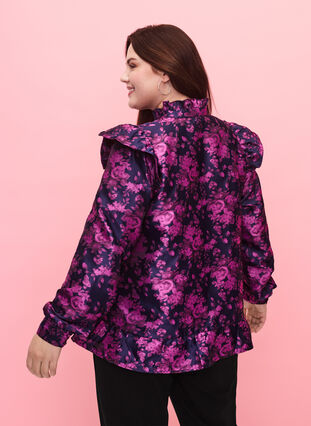 Gebloemde jacquard blouse met ruches, Dark Blue Pink, Model image number 1