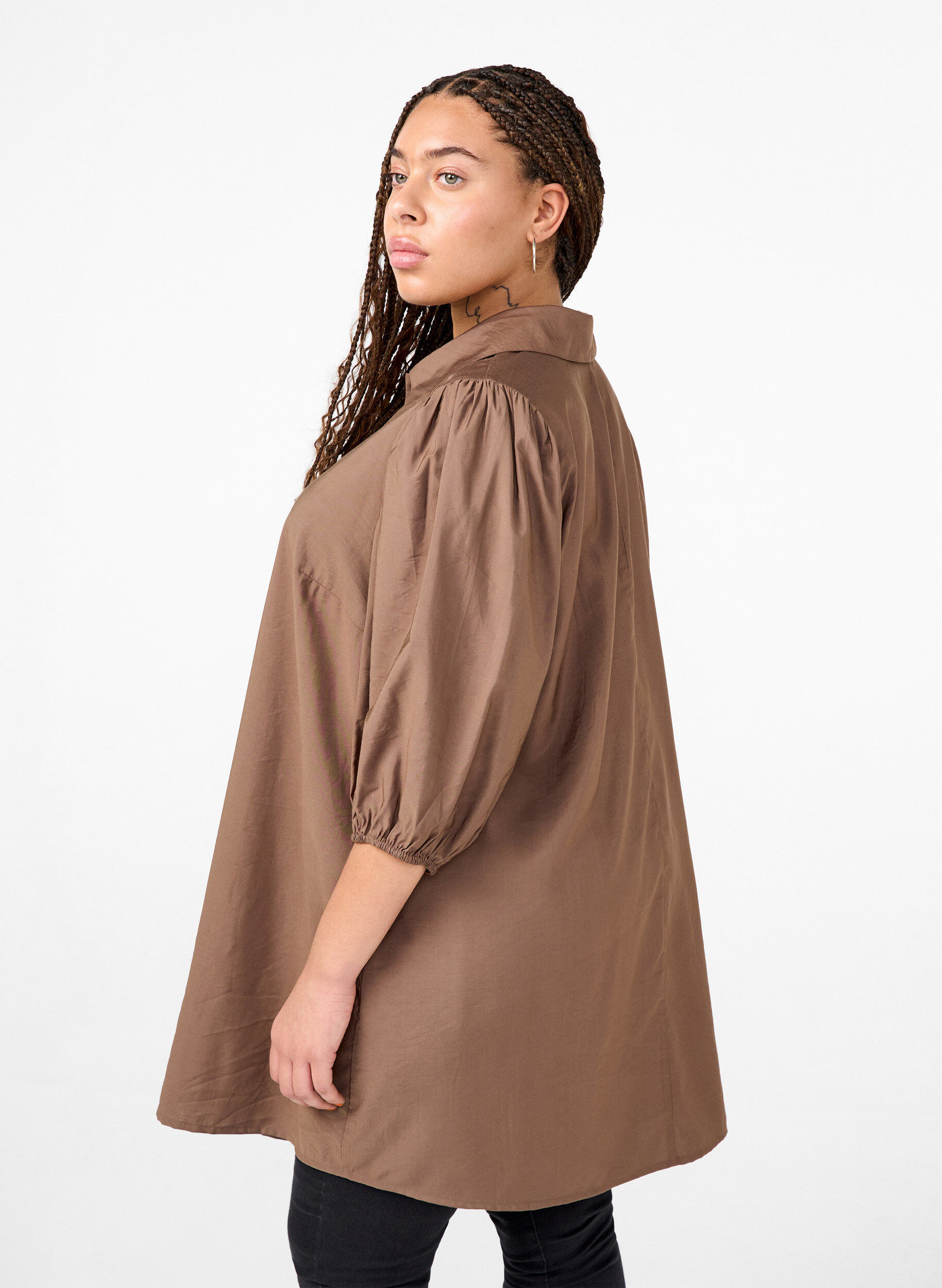 Zizzi Tuniek van viscose met V-hals en kraag, Chocolate Chip, Model image number 1