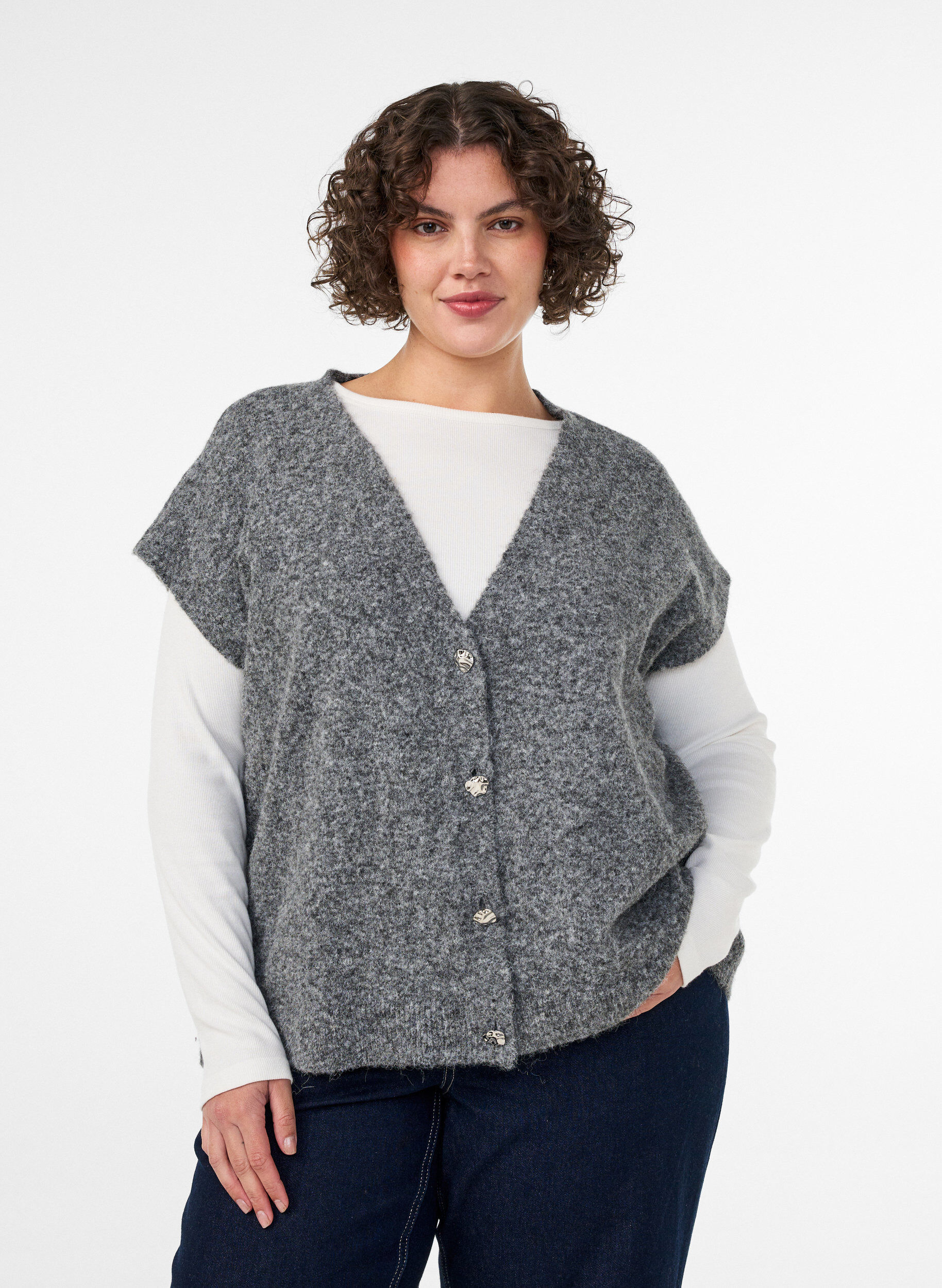 Gebreid gilet met V-hals en decoratieve knopen, Grijs, Model
