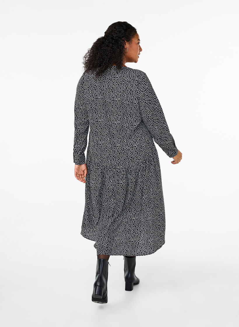 Midi jurk met lange mouwen, Black Small Flower, Model image number 1