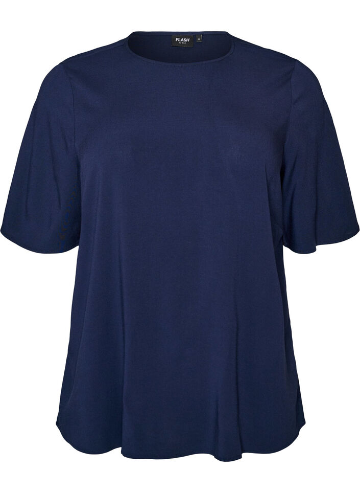 Geweven blouse met korte mouwen en ronde hals, Blauw, Packshot image number 0