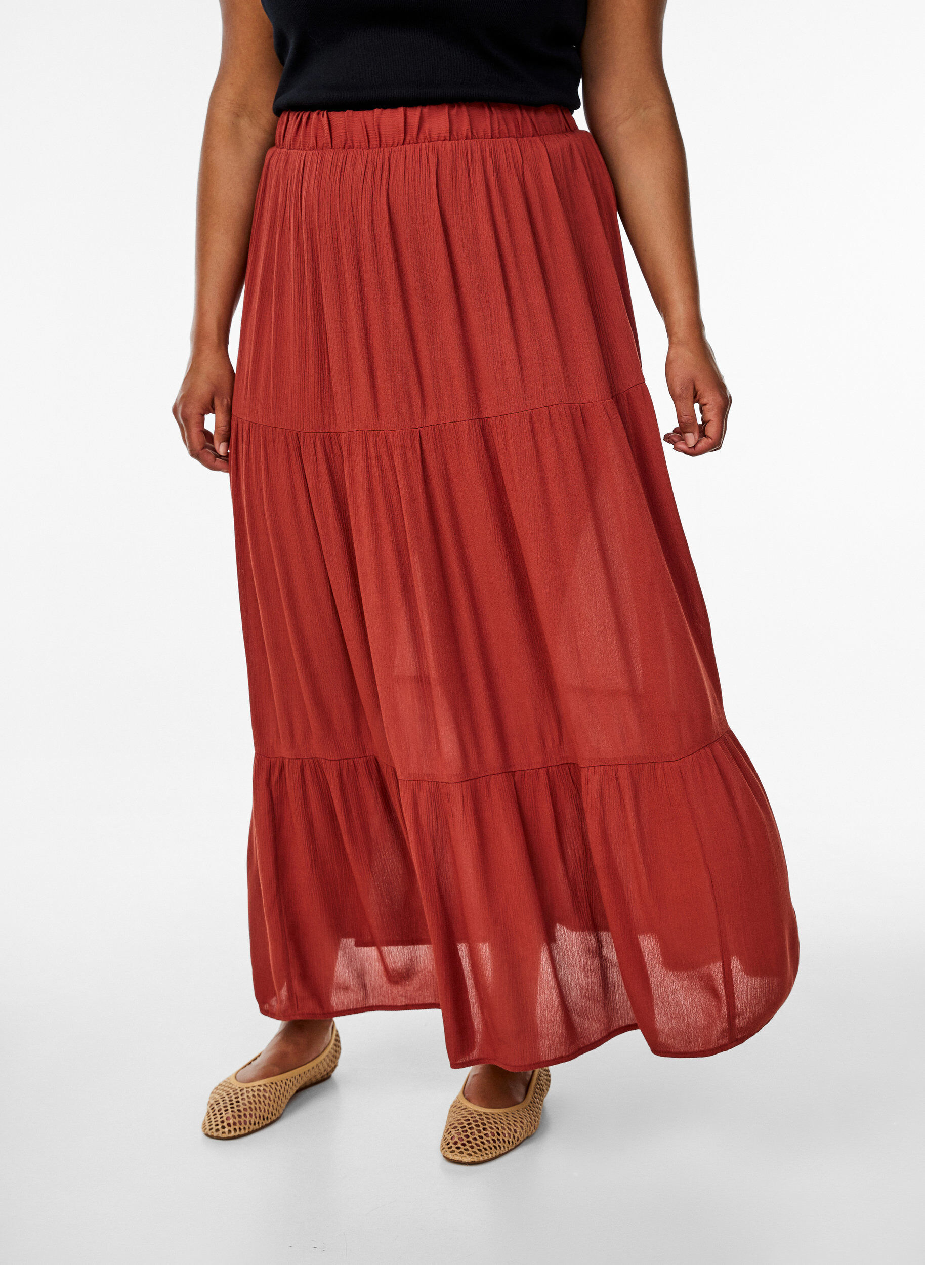Zizzi Lange rok met elastiek in de taille, Rood, Model image number 2