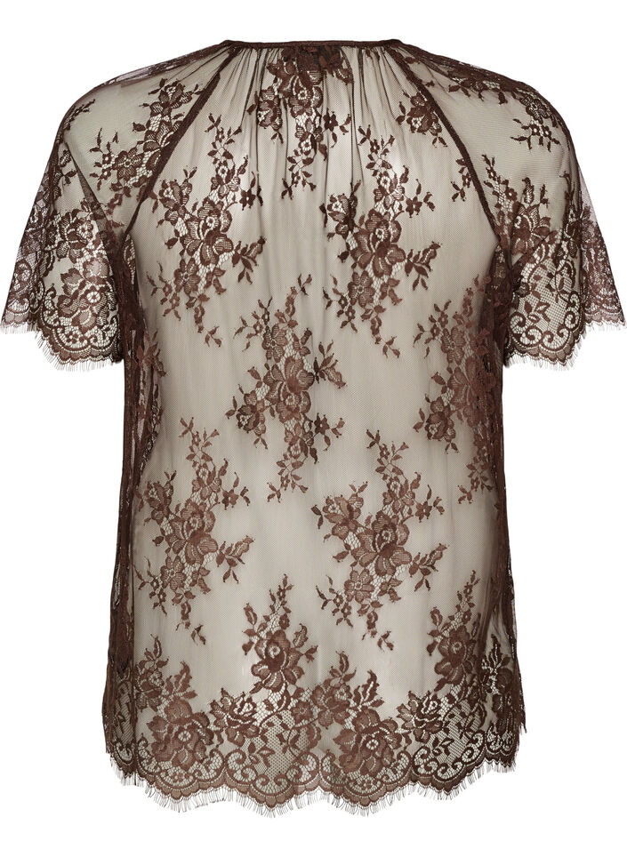 Korte mouwen kanten blouse met striksluiting, Bruin, Packshot image number 1